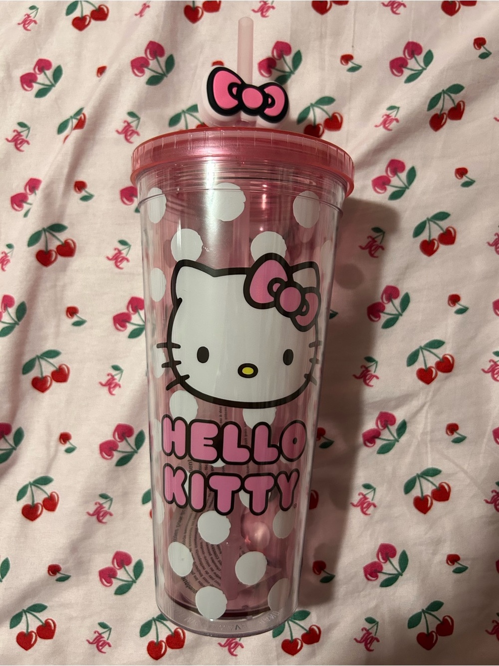 Hello Kitty Pink and White Polka Dot Travel Cup with Bow Straw Charm